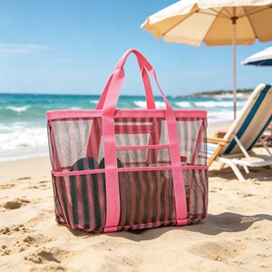 Bolsa de Playa Grande de Malla a Rayas con Bolsillos Laterales para Mujer, Transparente, Antiarena, Ligera y Colorida para el Verano - Product Image 6