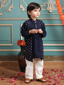Conjunto de Kurta y Pijama Azul Marino para Niños, Mezcla de Algodón, Ropa Étnica Infantil, Traje Tradicional Festivo, Cómodo para Fiestas y Bodas - Product Image 4