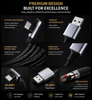 Câble USB-C à angle droit 90 degrés, charge rapide, cordon de type C tressé en nylon, câble de synchronisation de données USB-A vers USB-C pour jeux Android