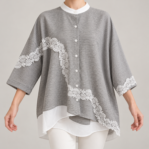 Womens Lace Trim <b>Blouse</b> 3/4 <b>Sleeve</b> Band <b>Collar</b> Button Front Loose Fit Shirt <b>with</b> Layered Asymmetric Hem - Product Image 1