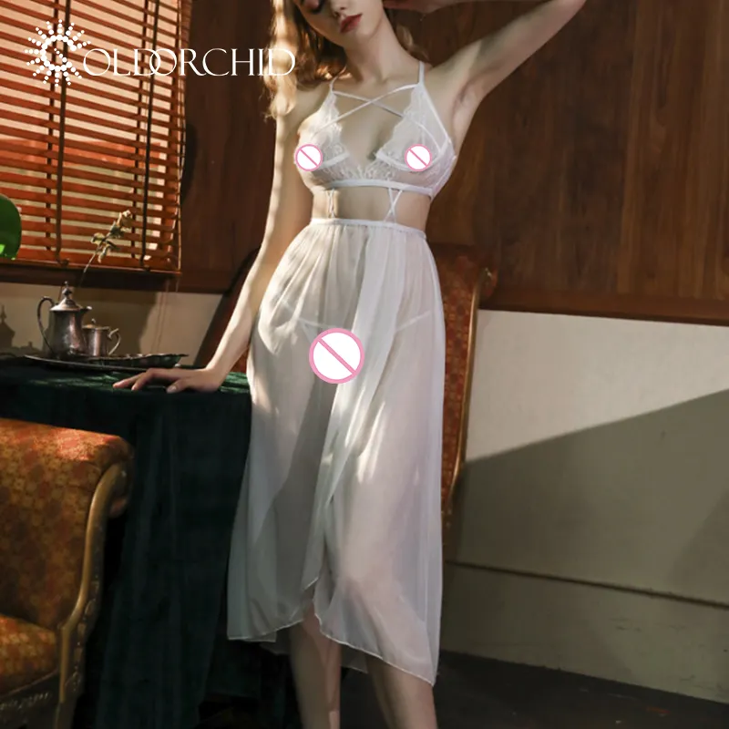 gold orchid Hot selling transparent night wear white babydoll sexy women honeymoon hollow out lingerie dress