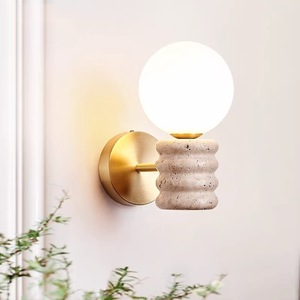 Applique Murale Dorée Nordique avec Base en Travertin et Globe Rond pour Chambre, Salon, Couloir - Product Image 1