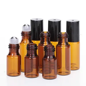 Empty essential oil roller bottle 1ml 2ml 3ml 5ml mini amber perfume glass roll on bottle with plastic cap