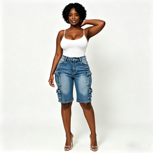Shorts cargo en jean noir pour <span class=keywords><strong>femme</strong></span>, multi-poches, taille haute, style <span class=keywords><strong>Bermuda</strong></span>, délavé gris, pantalon streetwear décontracté, OEM - Product Image 6