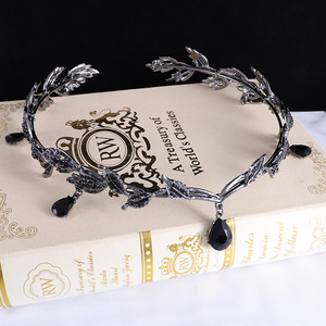 <span class=keywords><strong>Tiara</strong></span> Nuziale Coreana Retrò con Foglie e Strass Neri, Bellissima <span class=keywords><strong>Tiara</strong></span> da Sposa Regina di Alta Qualità con Ciondolo a Sopracciglio - Product Image 5