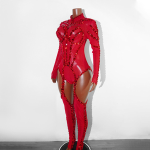 Combinaison moulante TianYi à col montant avec strass rouges et effet jarretière, en Spandex/Polyester, pour spectacle <span class=keywords><strong>Burlesque</strong></span>, Concert, Opéra - Product Image 2