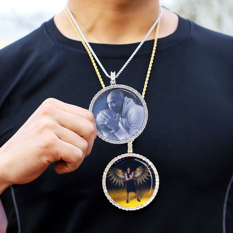 Perhiasan Hip Hop Iced Out CZ Kubik Zirkonia Medali Bulat Sesuai Gambar Liontin Lingkaran Besar Foto Kustom Kalung Liontin