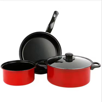 Lot de 3 Faitouts Antiadhésifs à Micro-Pression en Acier Inoxydable Revêtu, Batterie de Cuisine Rouge pour Soupe, Friture et Poêles