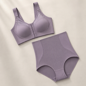 Ensemble soutien-gorge gainant à fermeture avant et culotte taille haute pour femme, couleur violette, lingerie grande taille, push-up, bonnet complet - Product Image 6