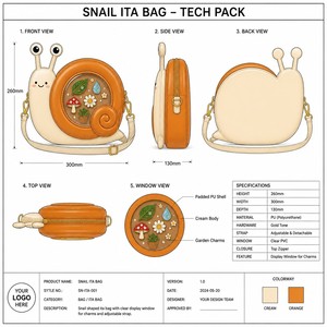 Sac à dos Ita personnalisé mignon en forme d'escargot, corps crème, coque rembourrée orange, en similicuir texturé, avec fenêtre ronde transparente et breloque scintillante, style Kawaii - Product Image 5
