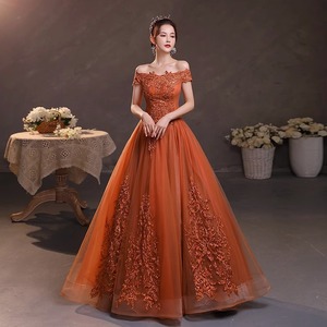 Off Shoulder Orange Evening Gown With Embroidery For Women Stage Performance Dress Long Puffy Skirt Formal Wear - Product Image 2