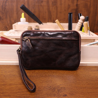 Tas Genggam Pria Vintage Dompet Kulit Asli Tas Tangan Resleting Dompet Pergelangan Tangan