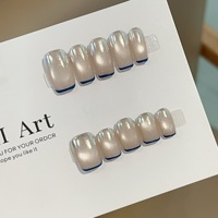 Lot de 10 faux ongles press-on faits main en acrylique, effet œil de chat bleu, avec poudre miroir chromée de luxe, style French Manucure, personnalisables