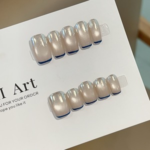 Lot de 10 <span class=keywords><strong>faux</strong></span> <span class=keywords><strong>ongles</strong></span> press-on faits main en acrylique, effet œil de chat bleu, avec <span class=keywords><strong>poudre</strong></span> miroir chromée de luxe, style French Manucure, personnalisables - Product Image 2