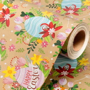 กระดาษห่อของขวัญคราฟท์ลายอีสเตอร์แบบดั้งเดิม พิมพ์ลายไข่และดอกไม้ - Product Image 1