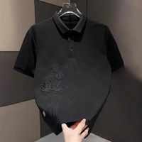 Kemeja Polo Pria Kasual Poliester Gaya Cina Modis, Bahan Bernapas, Model Slim Fit Kerah Lapel, Motif Bunga Teratai Putih, Terbaru Musim Panas