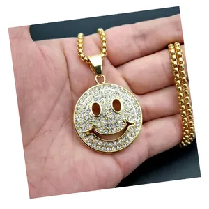 Regalo de cumpleaños, joyería fina de moda, acero inoxidable, círculo lindo, Zirconia cúbica, Micro pavé, collares de cara sonriente para mujer