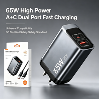 Charger GaN Hitam 65W Berkualitas Tinggi Laris Manis, Dual Output untuk Ponsel Tablet, Pengalokasi Daya Cerdas untuk Pengisian Cepat dan Aman