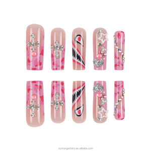 Uñas postizas con diseño de tubo de agua, estilo chica dulce y picante, con dientes de tiburón de dibujos animados, ojos, destellos explosivos y diamantes de imitación cruzados brillantes - Product Image 2