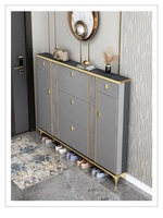 Meuble à chaussures modulaire fin en bois massif avec cadre doré de luxe personnalisé, panneau cannelé blanc pour entrée étroite et rangement de couloir