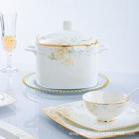 Service de table haut de gamme en porcelaine fine de Jingdezhen, compatible micro-ondes, avec bordure dorée, peint à la main, style minimaliste moderne, ensemble personnalisé