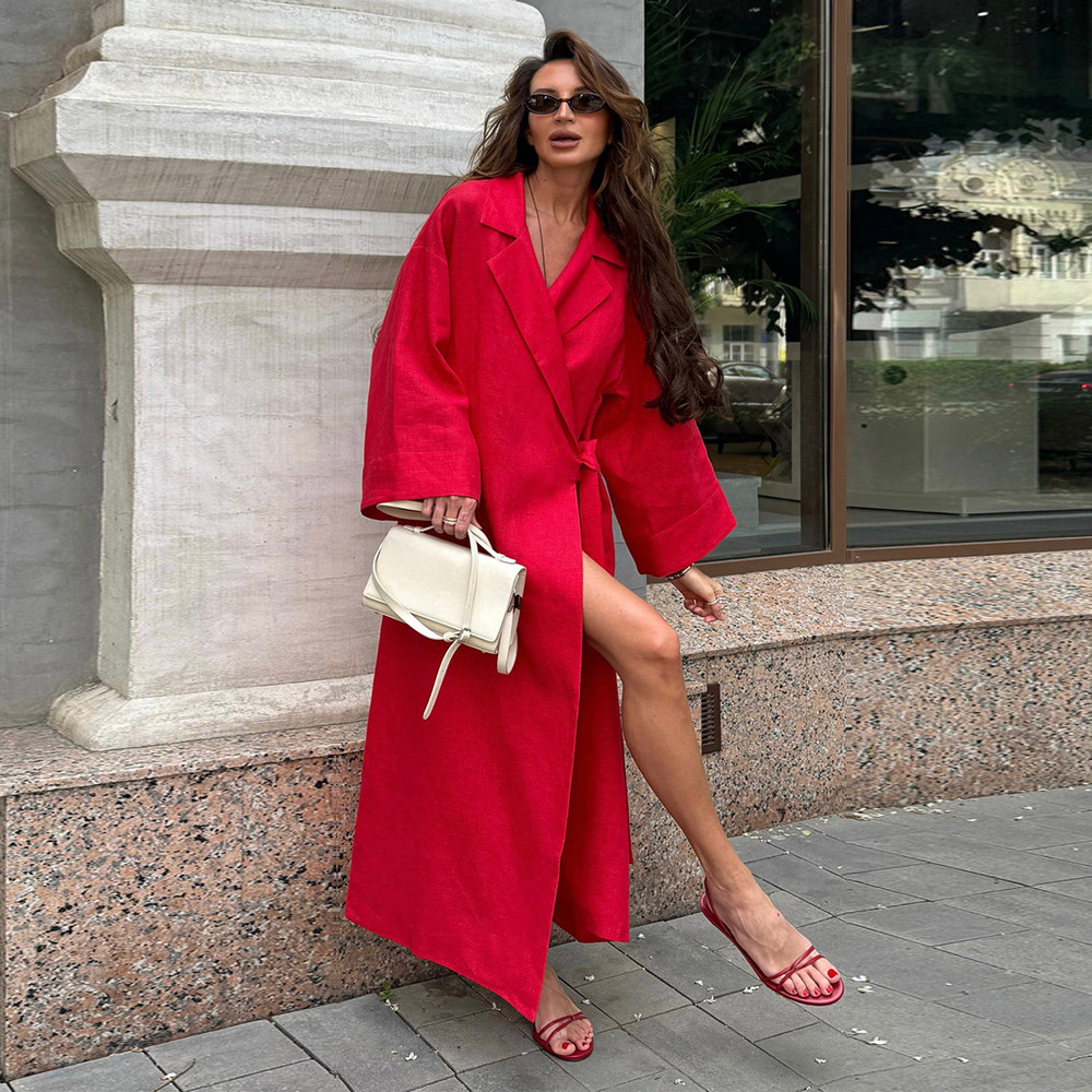 Elegant Chic Stylish Red Linen Wrap Lapel Kimono Dress