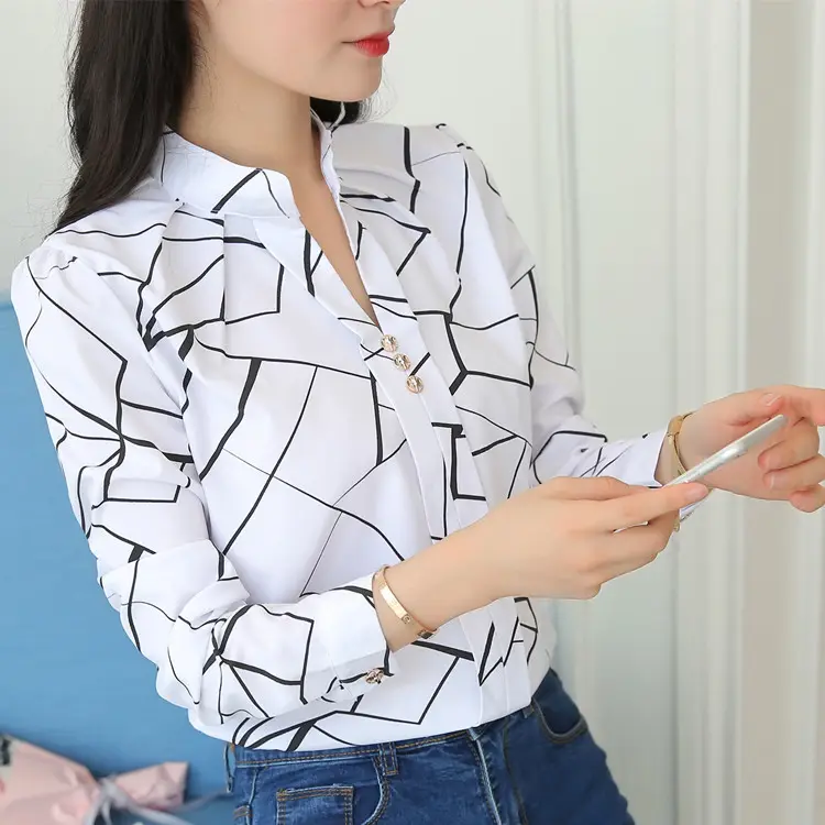 우아한 인쇄 셔츠 여성 봄 가을 탑스 사무실 한국어 패션 슬림 화이트 쉬폰 블라우스 긴 소매 셔츠 Blusas