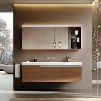 Meuble-lavabo mural en bois italien à grain naturel avec miroir LED intelligent et armoire personnalisable pour salle de bain