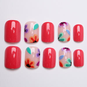 Uñas Postizas Cortas Rojas con Forma de Elipse, Hechas a Mano, Estilo INS, con Diseño Floral para los Dedos - Product Image 2