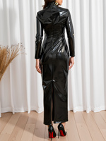 Plus Size Damen Kunstleder Maxikleid Rollkragen Slim Fit 3XL/5XL/6XL Glänzendes Party-Abendkleid