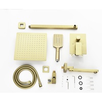 Système de douche doré brossé 3 fonctions, fixation murale, pommeau de douche pluie avec douchette carrée, bec de baignoire et mitigeur encastré