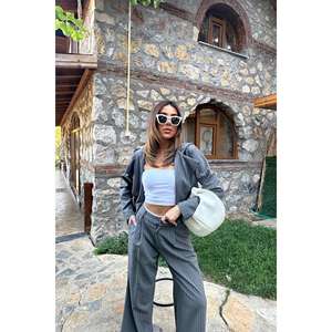 Chaqueta Blazer con Capucha a Rayas Grises para Mujer, Manga Larga, Tejido Transpirable - Product Image 4