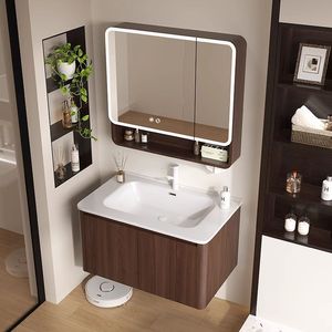 Medieval style walnut honeycomb bathroom cabinet combination bathroom ceramic integrated wash basin - Product Image 4