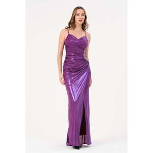 DANS Robe élégante pour femme, couleur unie violette, coupe régulière, longueur genou, manches courtes, tailles 38-42 - Product Image 1