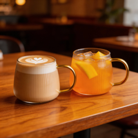 Mug Kopi Koktail Bergaris 450ml 15oz Langsung dari Pabrik, Cangkir Kaca Vintage Bergaris Vertikal untuk Kopi Latte Teh dengan Gagang Berwarna