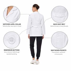 <span class=keywords><strong>Camice</strong></span> da Laboratorio su Misura per Donna, Collo a Risvolto, Mezza Cintura Posteriore, 3 Tasche, in Popeline Tessuto, <span class=keywords><strong>Camice</strong></span> Medico OEM, Uniforme Ospedaliera - Product Image 4