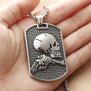 Stainless Steel Skull Pendant Necklace Men's Punk Retro Geometric <b>Skeleton</b> Design <b>Dog</b> Tag Style Jewelry - Product Image 3
