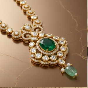Traditional 925 Silver Luxury Green Stone Pendant <b>Necklace</b> for Women Traditional Polki Pearl Chain Jewelry Set Ethnic - Product Image 3