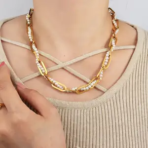 Designer Edelstahl Schmuck Halskette nicht trüben vergoldet Schnur Perle Halskette klobige runde Büroklammer Halskette