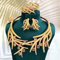 Parure de bijoux de mariée de Dubaï T163C, 4 pièces, plaqué or 18 carats, avec incrustations de zircon, comprenant collier, boucles d'oreilles, bracelet et bague, couleur orange turquoise Lagos, idéale pour les fêtes, nouveauté