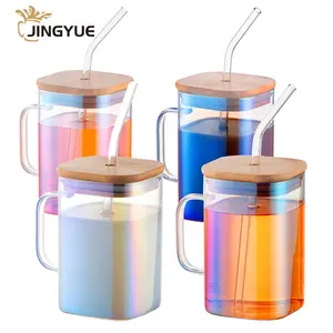 20 OZ Iced Coffee Glass Cups with Lids and Straws 4 Pack Square Drinking Glasses with Handle for Juice Beer Milk