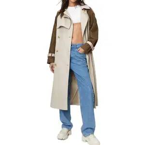 Wholesale Women's Classical Style Oversized Coat Long Sleeves Waist Tie Belted Colourblock Double Breasted Longline Trench Coat