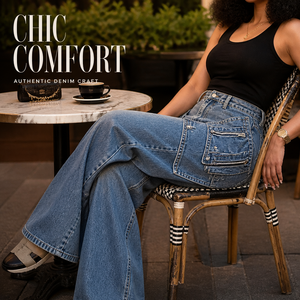 <span class=keywords><strong>Jeans</strong></span> a Vita Alta e Gamba Larga per Donna - Pantaloni in Denim Blu alla Moda con Grandi Tasche <span class=keywords><strong>Laterali</strong></span> Angolate - Stile Comodo e Oversize - Product Image 2