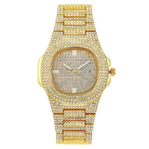 2023 personnalisé votre marque haut marque de luxe Bling Quartz carré hommes montre Relojes Hip Hop or plein diamant Quartz glacé montre