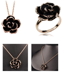Set di gioielli <span class=keywords><strong>da</strong></span> donna di moda in tre <span class=keywords><strong>pezzi</strong></span> placcato in lega rame nero rosa <span class=keywords><strong>otto</strong></span> petalo camelia orecchini anello di fidanzamento di nozze - Product Image 5