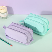 Étui à crayons en toile à double couche à double fenêtre Fermeture à glissière Couleur unie minimaliste Grande capacité Sac multifonctionnel pour étudiants