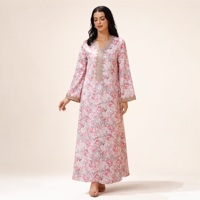 Gaun Maxi Modis Lengan Panjang Kerah V Bermotif Digital dengan Embos untuk Sehari-hari dan Acara Sosial & Lebaran, Bahan Polyester Abaya