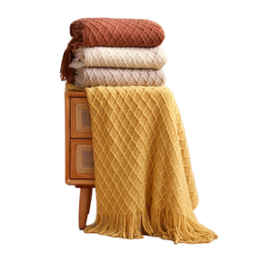 Couverture en jacquard à carreaux confortable en gros, couverture douce tricotée à pois avec pompons, <span class=keywords><strong>décoration</strong></span> moderne pour la maison, couverture douillette personnalisée au crochet - Product Image 1