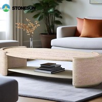 Table basse en marbre travertin StoneSun, style moderne, pour salon, en forme de boule ronde beige avec socle en pierre