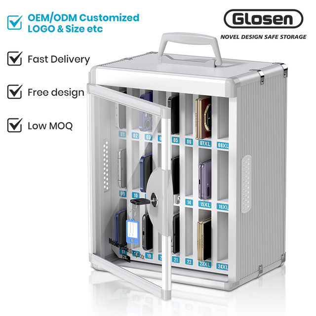 GlosenN2624 24 Slots Key-Operated Aluminum Alloy Portable Lightweight Cell Phone Locker Organization Storage Box for Cell Phone